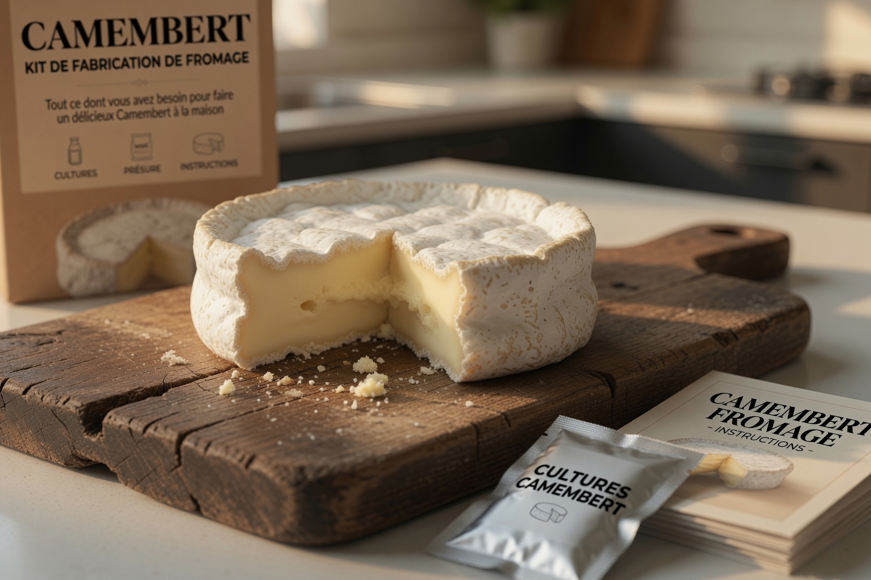 Camembert maison dans sa boîte en bois, croûte blanche duveteuse et cœur crémeux